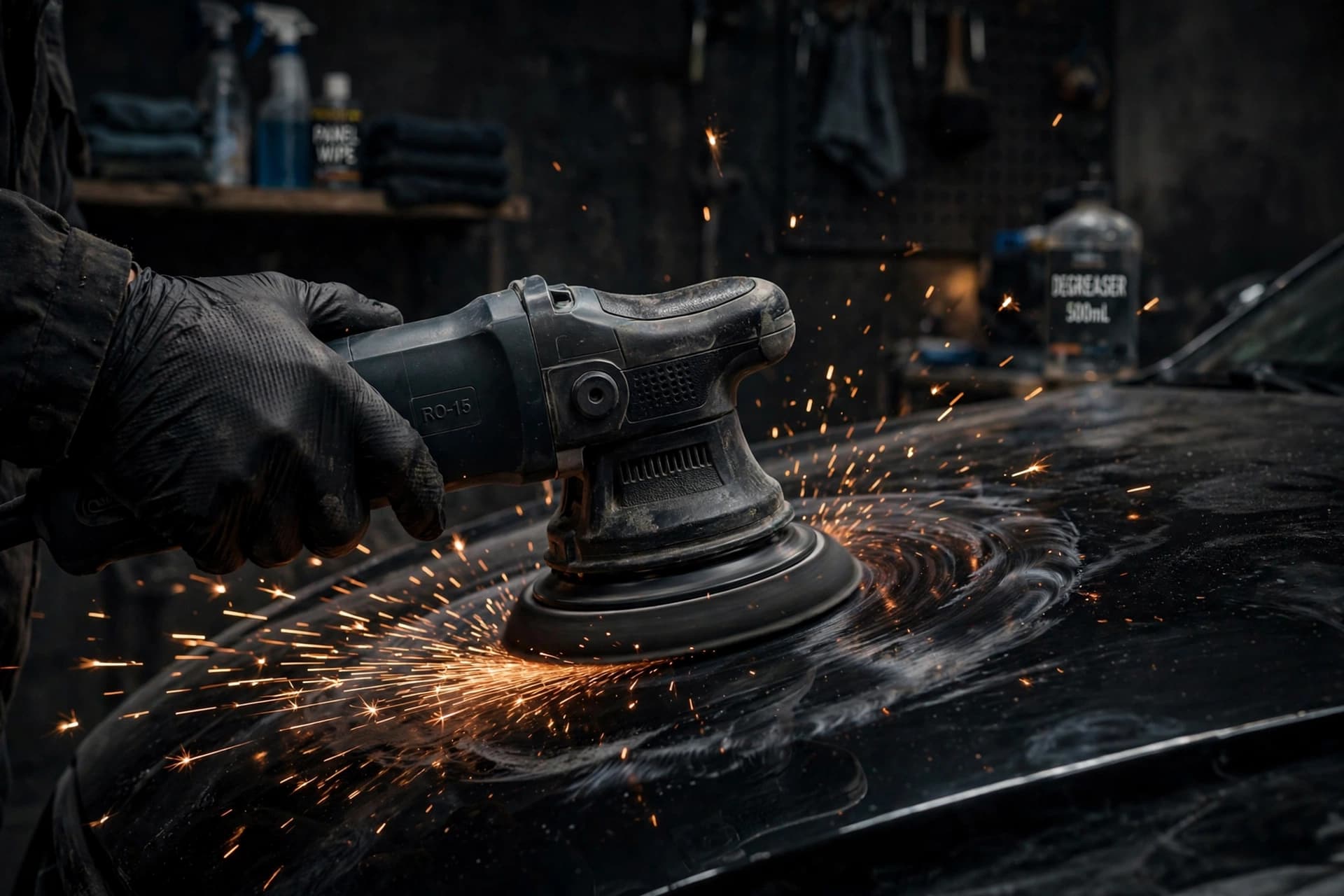 Detailer polishing a dark car with an orbital buffer inside the BlackLine workshop