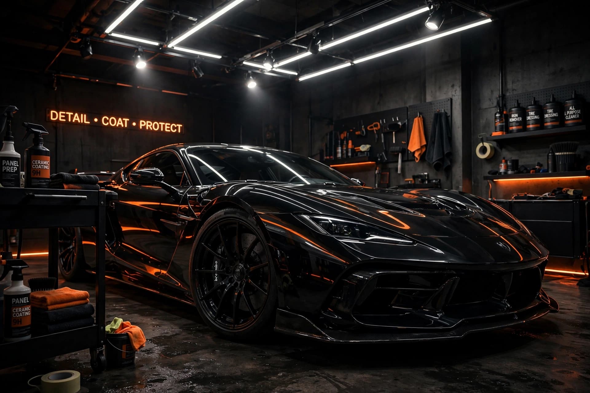 Glossy black sports car in the BlackLine detailing studio under dramatic lighting