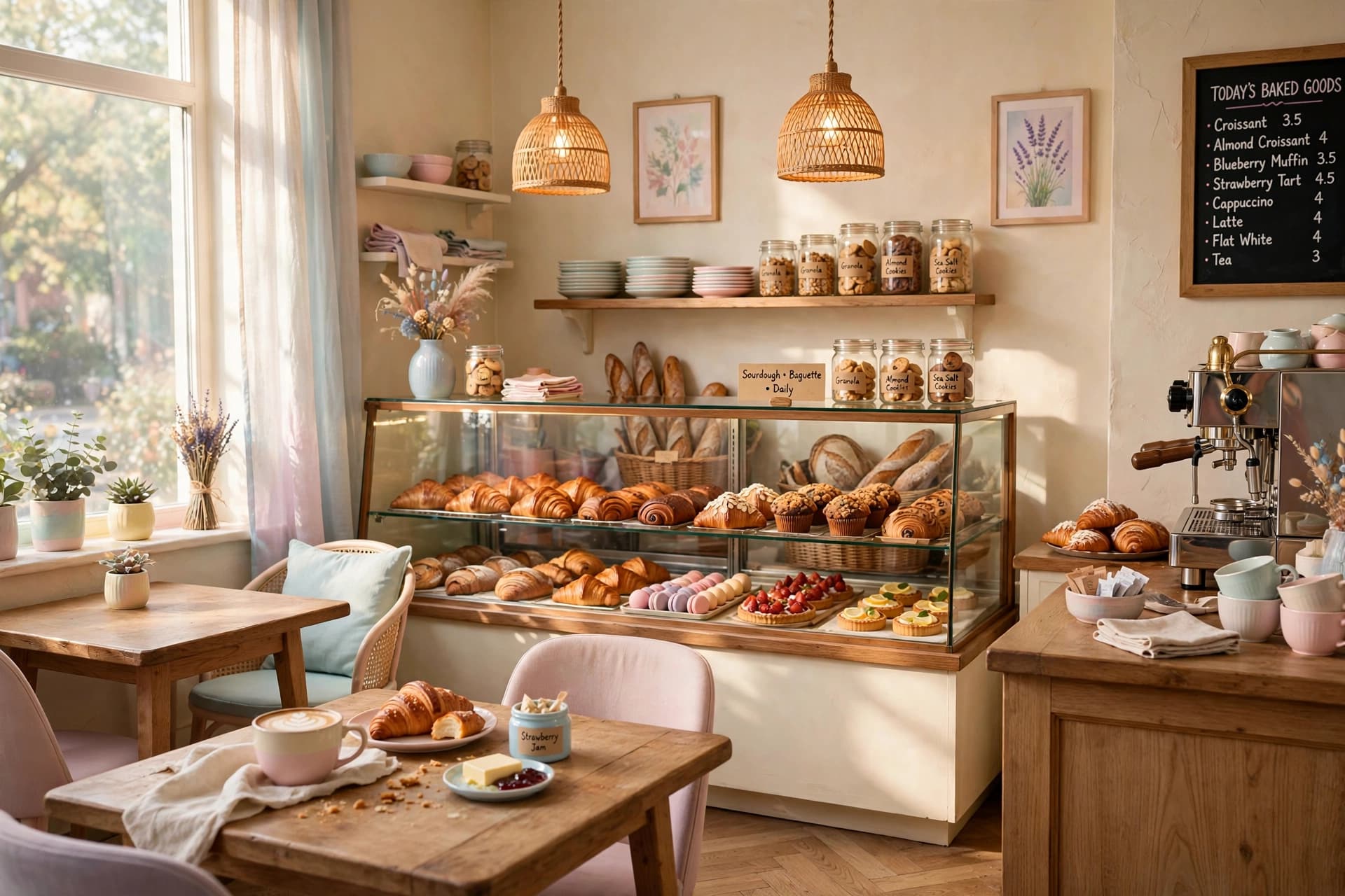 Butter and Bean Café interior — cream walls, wooden tables and a pastry case in morning light