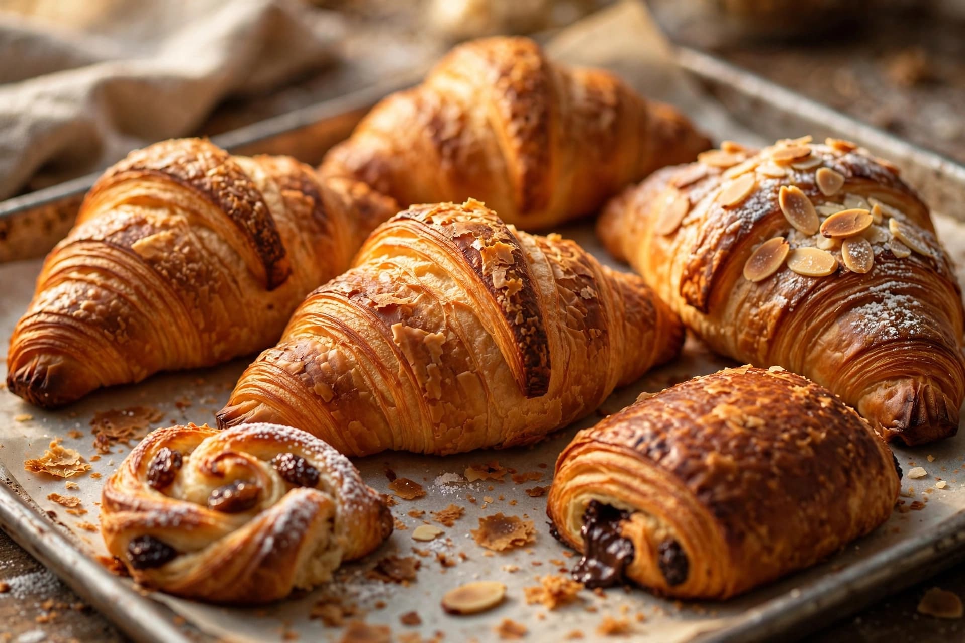 Golden croissants and pastries on a bakery tray at Butter and Bean Café