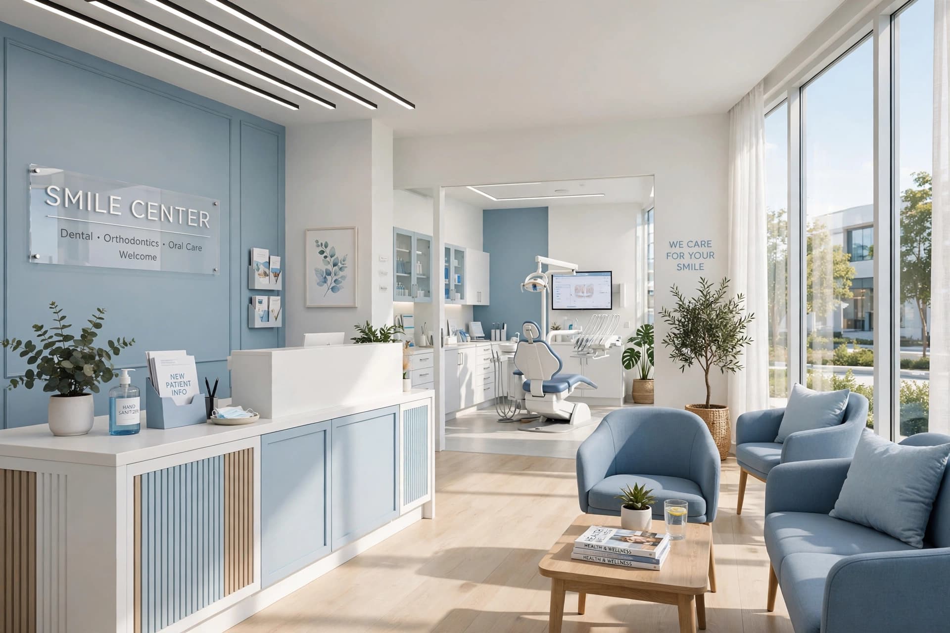 BrightPath Dental Studio — bright, modern dental clinic interior in soft blue and white