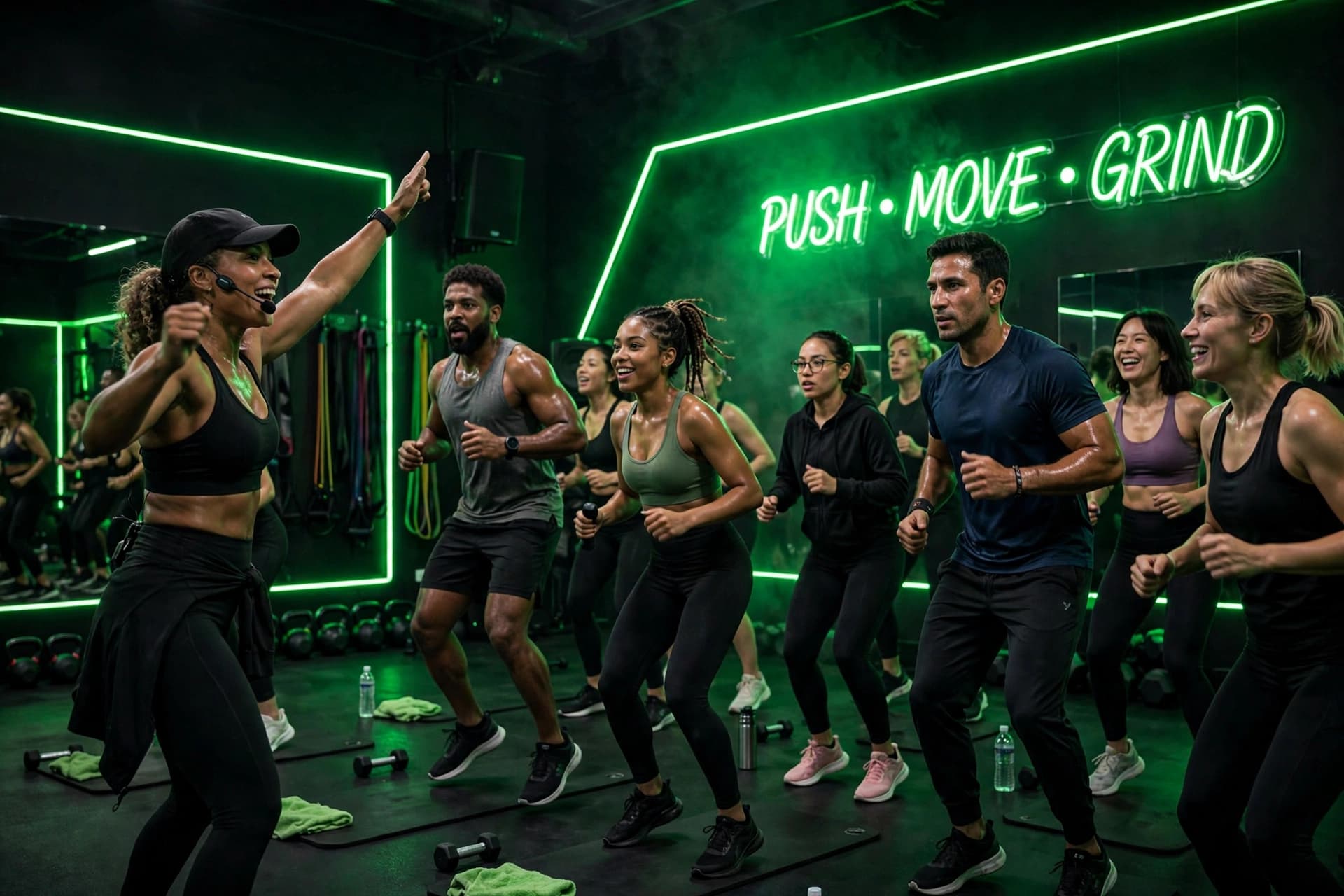 Group fitness class training together in a dark studio with green neon lights at FORGE Athletics