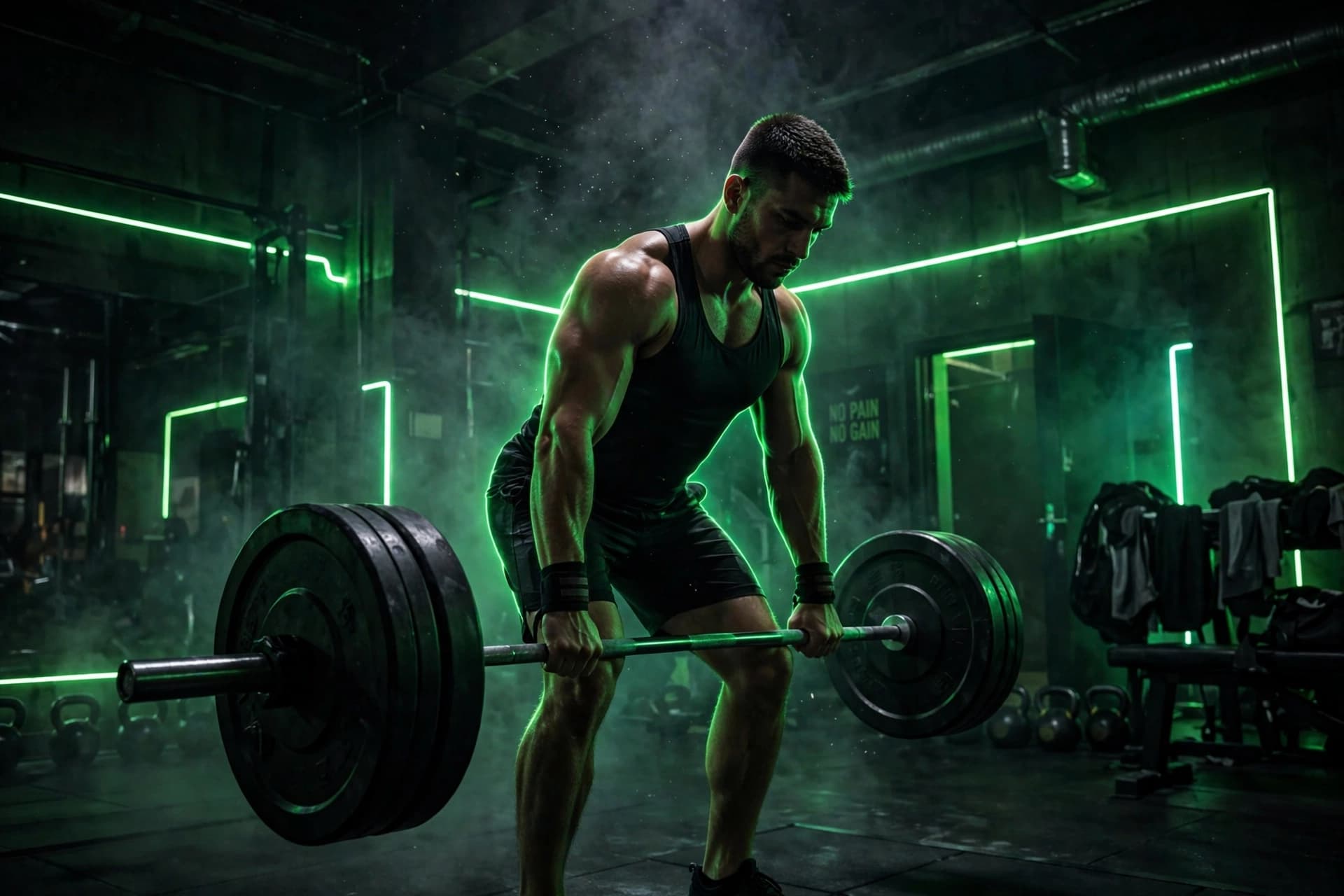 Athlete lifting a barbell at FORGE Athletics under volt-green neon light