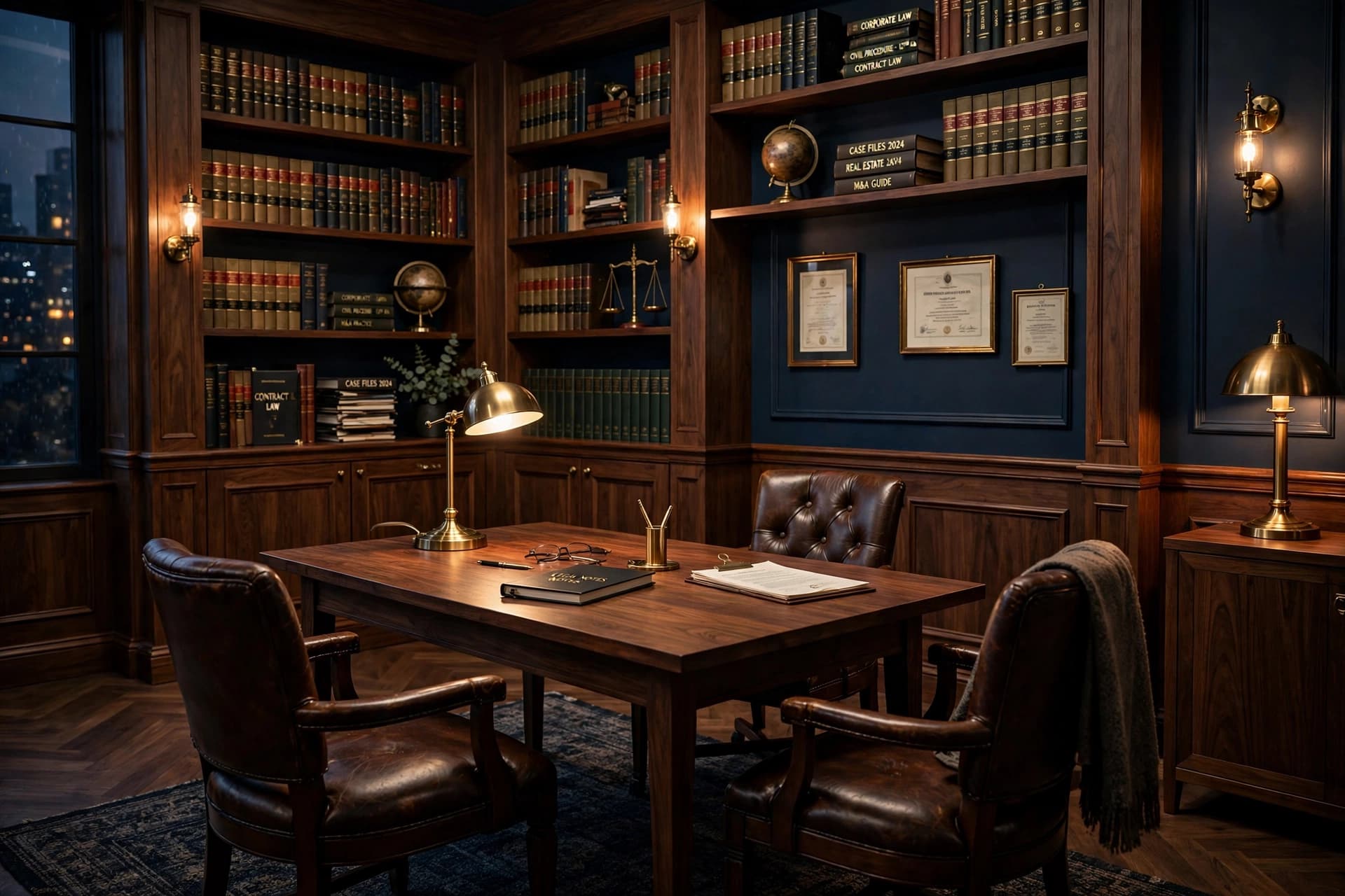 Sterling and Vance LLP office — navy walls, walnut wood, brass lamps and leather chairs