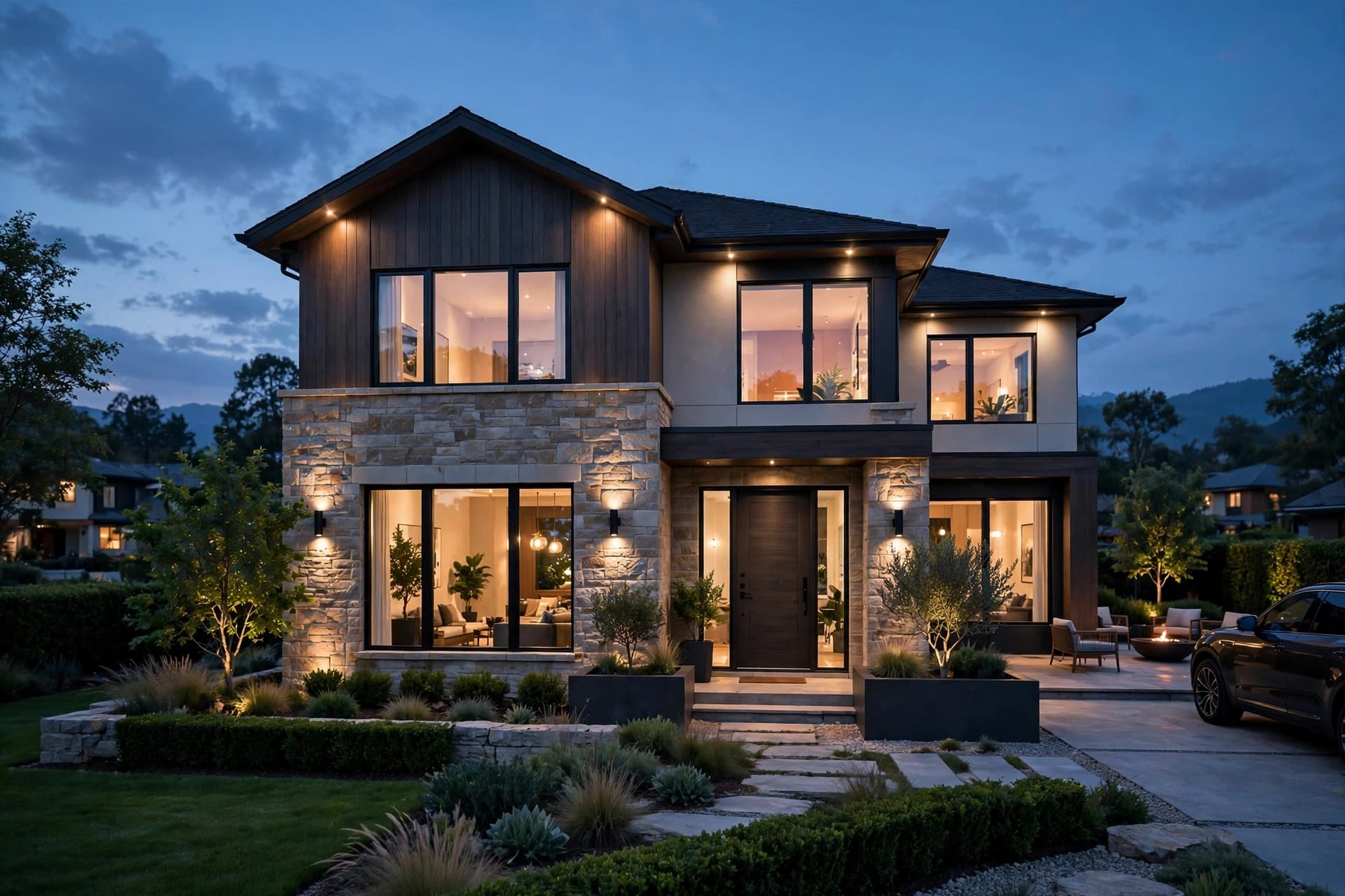 Luxury detached home exterior at dusk, warm windows glowing — Harlow & Grey Estates