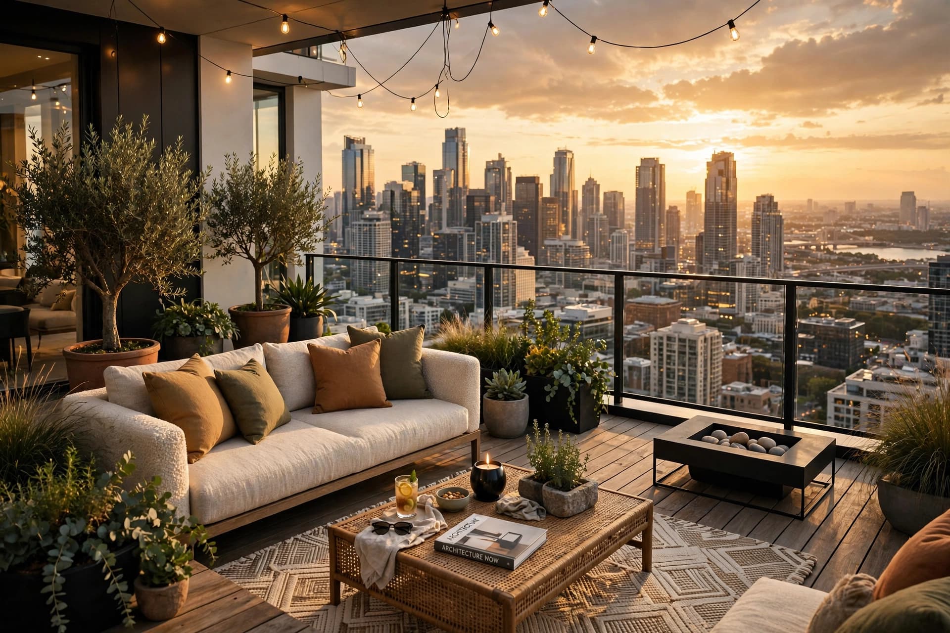 Skyline Penthouse terrace with city skyline view at golden hour