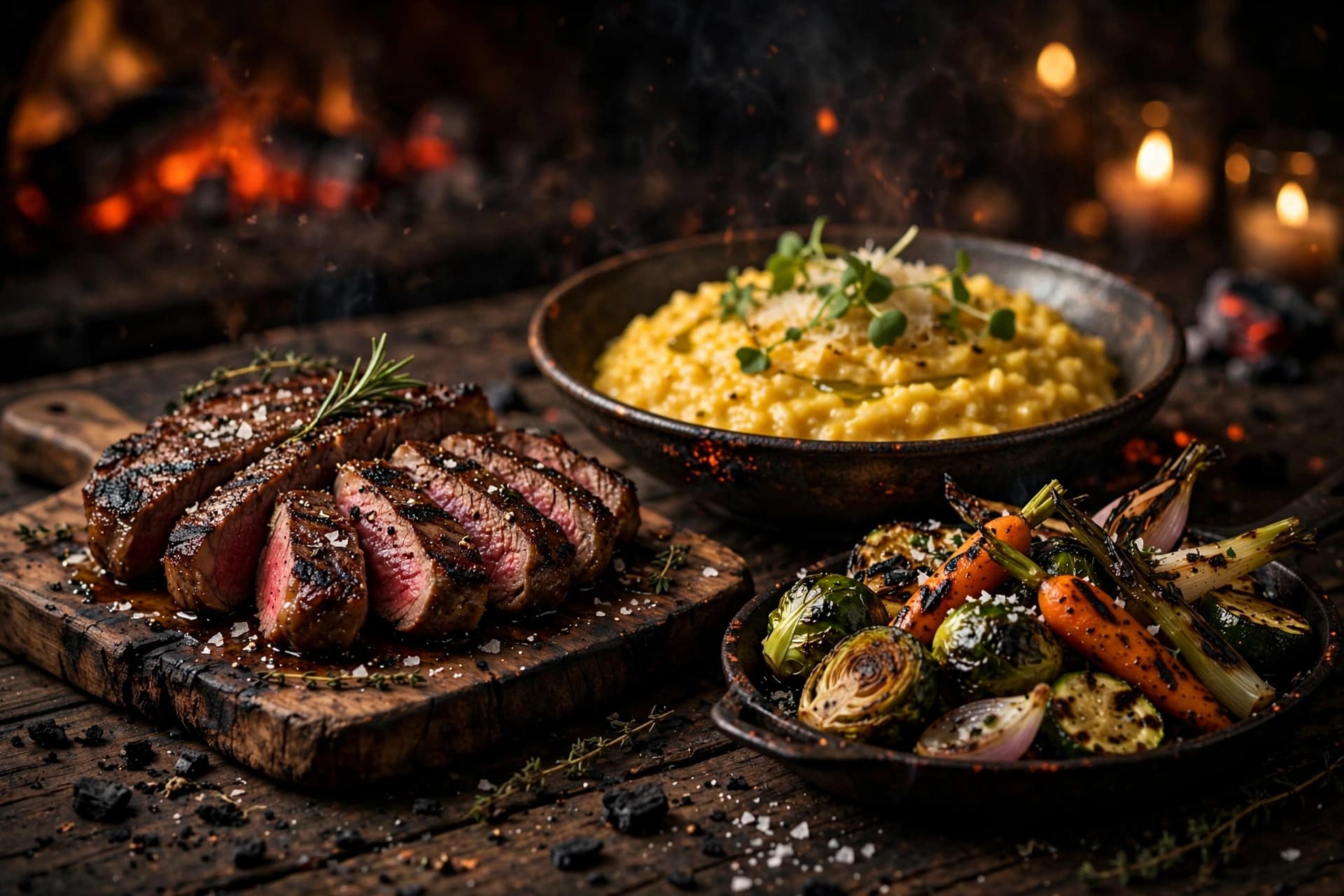 Wood-fired dishes at Saffron and Smoke — ember-kissed steak, saffron risotto, charred vegetables