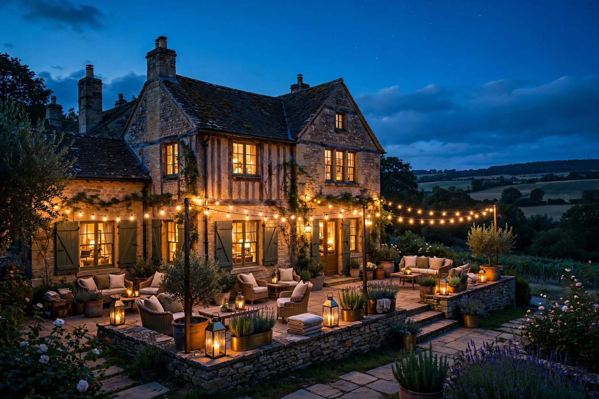 The Maple Inn glowing at dusk — boutique hotel terrace with string lights